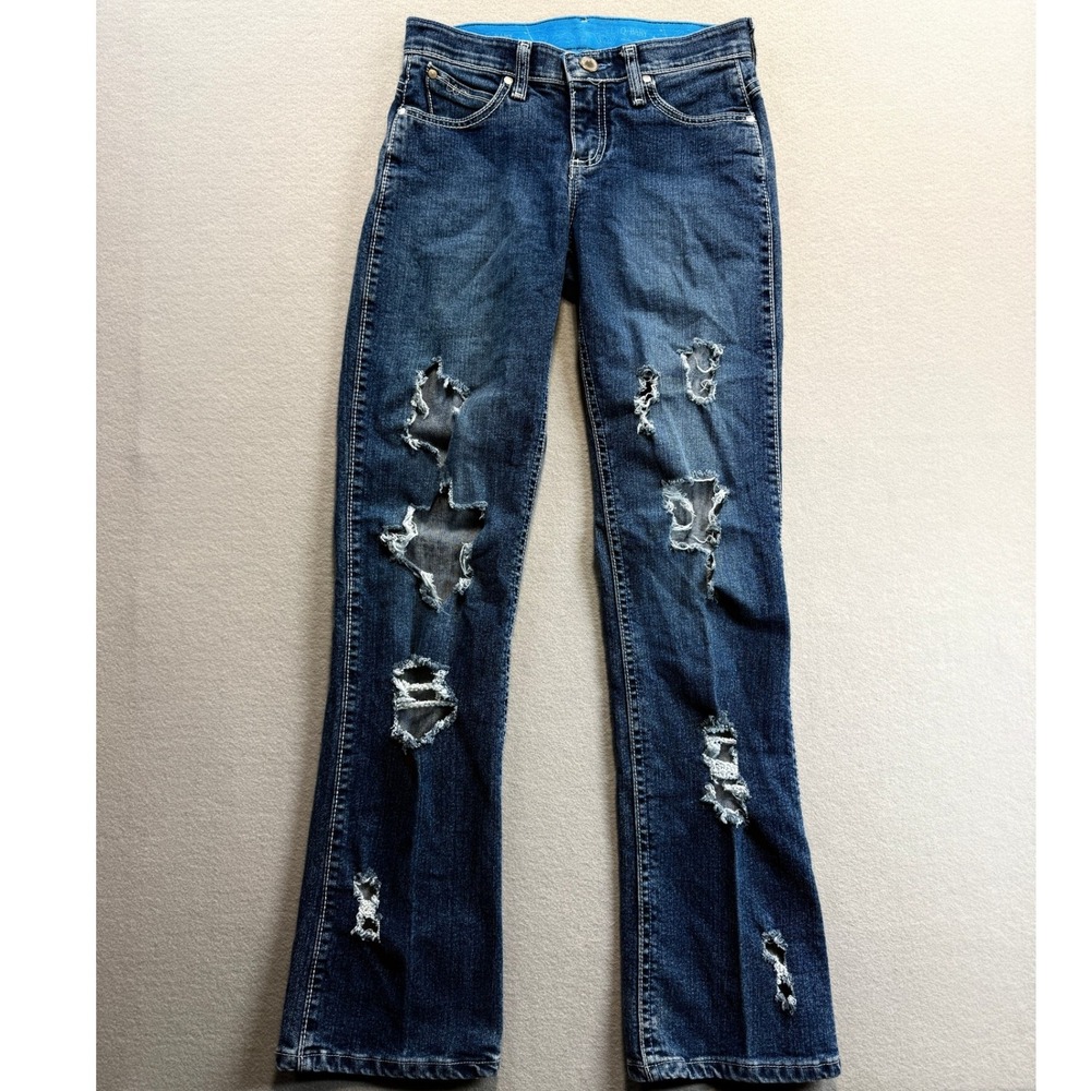 Wrangler Q-Baby Jeans Womens 1/2x32 Blue Distressed Bootcut 26x32